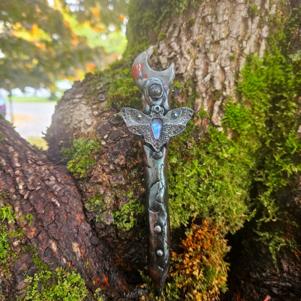 Dragon bloodstone, rainbow moonstone and labradorite Luna moth witch pen wand